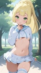 1girls ai_generated bangs big_eyes blonde blonde_female blonde_hair blonde_hair_female commentary_request crop_top cute cute_face cute_smile female female_focus finger_on_lip frilled_skirt girly green_eyes hair hoodie lia_the_busty_redhead lillie_(pokemon) long_hair long_sleeves looking_at_viewer microskirt midriff navel outdoors outside park pelvic_line petite petite_body petite_breasts petite_female pokemon pokemon_sm ponytail self_upload skirt small_breasts smile smiling smiling_at_viewer straight_bangs straight_hair tagme thighhighs thighs underboob white_clothing white_thighhighs