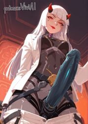1girl 1girls ai_generated bangs breasts clothed cyborg dildo femdom hime_cut horn horns huge_dildo huge_strap-on long_hair looking_at_viewer medium_breasts overwatch overwatch_2 red_eyes red_lips red_lipstick robot robot_girl shion_(overwatch) smirk smirking strap-on tagme viewed_from_below viviai white_hair