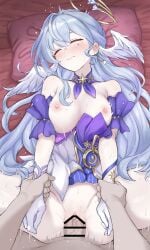 1boy 1girls areolae arm_grab blue_hair breasts breasts_out closed_eyes clothed_female_nude_male daram_(shappydude) ear_ring exposed_breasts gloves halo honkai:_star_rail legs_apart long_hair male_pov medium_breasts missionary_position motion_blur motion_lines nipples on_back penis pillow pov pussy robin_(honkai:_star_rail) rough_sex sex vaginal_penetration vaginal_sex veiny_penis wings