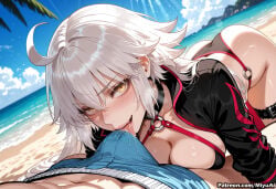 1boy 1girl ahoge ai_assisted ai_generated beach bikini black_bikini blue_sky blush breasts choker cleavage cropped_jacket curvaceous curvy curvy_female curvy_figure day fate/grand_order fate_(series) female hetero jacket jeanne_d'arc_(alter_swimsuit_berserker) jeanne_d'arc_(fate)_(all) jeanne_d'arc_alter_(swimsuit_berserker)_(fate) large_breasts long_hair looking_at_viewer miyuai o-ring ocean outdoors red_legwear saliva sand shrug_(clothing) silver_hair sky solo_focus swimsuit thick thick_ass thick_butt thick_hips thick_legs thick_thighs thigh_strap tongue tongue_out voluptuous voluptuous_female wide_hips wide_thighs yellow_eyes
