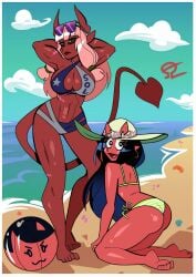 2girls alvh_omega ass beach beach_background beach_ball big_breasts bikini black_eyes black_hair clouds color comission curvaceous dark-skinned_female demon_girl demon_horns demon_tail duo female_only hi_res interracial interspecies kneeling looking_at_viewer looking_back original_characters sand sea shaded sun_hat sunglasses thick_thighs voluptuous wide_hips