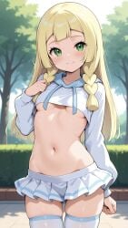 1girls ai_generated bangs big_eyes blonde blonde_female blonde_hair blonde_hair_female commentary_request crop_top cute cute_face female female_focus frilled_skirt girly green_eyes hair hand_on_breast hand_on_chest hoodie lia_the_busty_redhead lillie_(pokemon) long_hair long_sleeves looking_at_viewer microskirt midriff navel outdoors outside park pelvic_line petite petite_body petite_breasts petite_female pokemon pokemon_sm self_upload skirt small_breasts smile smiling smiling_at_viewer straight_bangs straight_hair tagme thighhighs thighs underboob white_clothing white_thighhighs