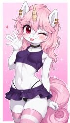 ai_generated animal_ears anthro black_panties blep blush breasts choker clothing collar crop_top curly_hair ear_piercing equine eyelashes female heart horn looking_at_viewer midriff miniskirt navel one_eye_closed panties panties_under_skirt pink_background pink_hair pink_tail pleated_skirt purple_shirt purple_skirt purple_top raised_hand red_eyes simple_background skirt smile solo sparkles standing striped_legwear striped_thigh_highs tank_top thigh_highs tongue tongue_out underwear unicorn visible_panties waving whale_tail white_body white_fur winking zettai_ryouiki