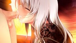 1boy 1girl backlighting censored closed_eyes cum drooling ejaculation fellatio game_asset grey_eyes hetero homestay_a_la_mode long_hair mosaic_censoring natasha_ignatiev oral penis profile solo_focus straight_hair tai_(nazutai) testicles white_hair