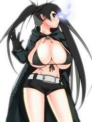 alternate_breast_size belt bikini_top black_bikini_top black_bra black_clothing black_gloves black_hair black_rock_shooter black_rock_shooter_(character) black_shorts blue_eyes breasts breasts_apart coat colored cowl female full_cleavage gesture gloves glowing glowing_eyes hand_on_hip huge_breasts long_hair long_twintails looking_aside magister_(bigbakunyuu) navel sagging_breasts scar short_shorts shorts solo talk_to_the_hand tied_hair twintails underboob white_belt zipper