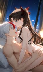 1boy 1girls ai_generated black_hair boku_no_hero_academia collaboration crossover fate/stay_night fate_(series) girl_on_top japanese_female kissing licking_breast my_hero_academia red_and_white_hair shouto_todoroki tohsaka_rin tongue_out