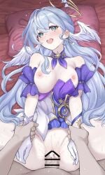 1boy 1girls after_sex after_vaginal areolae arm_grab blue_hair breasts breasts_out clothed_female_nude_male cum cum_in_pussy cum_inside daram_(shappydude) drool drooling ear_ring ejaculation ejaculation_in_pussy ejaculation_while_penetrated exposed_breasts gloves green_eyes halo honkai:_star_rail legs_apart long_hair looking_at_viewer male_pov medium_breasts missionary_position nipples on_back open_mouth open_smile penis pillow pov pussy robin_(honkai:_star_rail) sex smiling smiling_at_viewer vaginal_penetration vaginal_sex veiny_penis wings