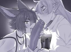 1boy 2girls animal_ears artist_name bare_shoulders blush breasts commentary cooperative_fellatio elf english_commentary erection fellatio ffm_threesome group_sex hetero highres jewelry large_breasts licking licking_penis long_hair multiple_girls oral original penis pointy_ears rabbit_ears rabbit_girl ring rob_ishi teamwork_(sexual) threesome tongue tongue_out uncensored