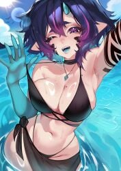 1girl 1girls absurdres big_breasts bikini black_bikini black_sarong blue_hair breasts cleavage colored_tongue female green_hands green_tongue hair_between_eyes highleg highleg_bikini highres horns indie_virtual_youtuber large_breasts looking_at_viewer multicolored_hair navel one_eye_closed open_mouth outdoors pointy_ears purple_eyes purple_hair sarong short_hair single_horn solo stomach streaked_hair sulia suliavtuber sweat swimsuit tits virtual_youtuber vtuber water
