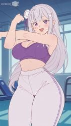 ai_assisted ai_generated big_breasts breasts curvy curvy_body curvy_female elf elf_female elf_girl emilia_(re:zero) female female_focus female_only gym gym_clothes large_breasts leggings looking_at_viewer moonwool_branch open_mouth pointy_ears purple_eyes re:zero_kara_hajimeru_isekai_seikatsu seductive seductive_eyes seductive_look seductive_mouth seductive_pose seductive_smile smile smiling solo solo_female solo_focus sports_bra stretching thick_ass thick_thighs thighs uncensored white_hair