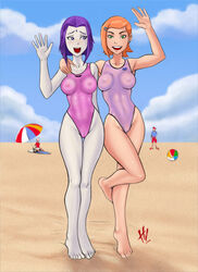 2girls beach ben_10 big_breasts blue_eyes blush breasts crossover dc dc_comics female female_only green_eyes gwen_tennyson hair human humanoid hvond multiple_females multiple_girls one-piece_swimsuit one_piece_swimsuit orange_hair pale_skin purple_hair rachel_roth raven_(dc) see-through see-through_swimsuit smile smooth_skin swimsuit teen_titans toned yuri