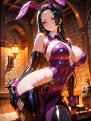 ai_generated black_hair blue_eyes boa_hancock bodysuit breasts bunny_ears cleavage hime_cut huge_breasts large_breasts latex long_hair nipples one_piece sidelocks thighhighs very_long_hair watermark zbaiart
