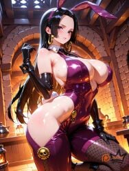 ai_generated black_hair blue_eyes boa_hancock bodysuit breasts bunny_ears cleavage hime_cut huge_breasts large_breasts latex long_hair nipples one_piece sidelocks thighhighs very_long_hair watermark zbaiart