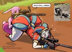 1boy 1girls ass brown_hair huge_ass jax_(the_amazing_digital_circus) jester_cap one_eye_closed pale_skin pomni_(the_amazing_digital_circus) short_hair sniper_rifle tail-blazer the_amazing_digital_circus thick_thighs