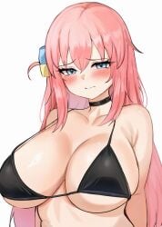 black_bikini blush bocchi_the_rock! choker closed_mouth embarrassed gotou_hitori heavy_blush huge_breasts looking_at_viewer pingun upper_body