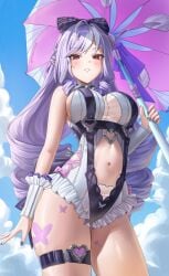 1girls breasts cameltoe colored_nails drill_hair exposed_breasts feet female female_only high_heels hoyoverse long_hair long_nails mihoyo official_alternate_costume painted_nails painted_toenails purple_hair purple_nails red_eyes swimsuit thick_thighs vivian_banshee vivian_banshee_(iris_of_the_shore) white_swimsuit zenless_zone_zero