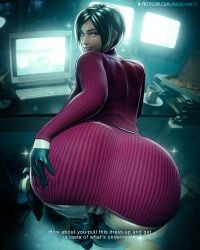 1girl absurdres ada_wong ass bent_over between_labia black_gloves black_hair coffee_mug commentary computer cup dress english_commentary english_text gloves hand_on_own_ass highres huge_ass looking_at_viewer looking_back mika_dawn mikadawn monitor mug paid_reward_available panties panty_peek panty_pull pantyhose presenting_own_ass presenting_own_body red_dress red_sweater resident_evil resident_evil_4 short_hair smile solo sweater sweater_dress turtleneck turtleneck_dress underwear