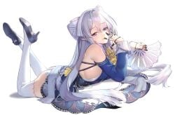 1girls female long_hair lying lying_on_stomach panties pantyshot pantyshot_(lying) purple_eyes thighhighs underwear velina_(zenless_zone_zero) velina_airgid white_hair white_panties white_thighhighs white_underwear zenless_zone_zero