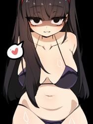 1girls 2d aeng-du_(limbus_company) arms_behind_back belly belly_button big_breasts bikini black_eyes black_hair bra breasts digital_media_(artwork) eyebrows eyebrows_visible_through_hair eyes_visible_through_hair female female_only hair hair_between_eyes hair_ornament heart heart_symbol hips hips_wider_than_shoulders limbus_company long_hair looking_at_viewer panties presenting presenting_body project_moon shaded shaded_face shiny_skin simple_background smile tummy video_games