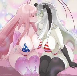2girls american_flag_bikini bikini female female_only flag_bikini flag_print indie_virtual_youtuber juniper_(egocider) juniper_actias kiss kissing matara_kan mrmothsecret virtual_youtuber vtuber