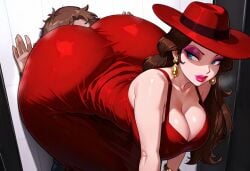 1boy 1girls ai_generated ass ass_on_face bent_over big_ass blue_eyes breasts brown_hair cleavage clothing dress duo ear_piercing facesitting fat_ass female gigantic_ass hand_on_wall hat huge_ass human human_only indoors large_ass light-skinned_female light-skinned_male light_skin lipstick long_hair makeup male male/female mario_(series) mature mature_female mature_male nintendo pauline red_dress red_hat red_lipstick short_hair straight thick_ass unseen_male_face voluptuous voluptuous_female