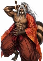 abs ai_generated anthro athletic athletic_anthro athletic_male bangs black_leggings black_legwear black_nose brown_arms brown_belly brown_body brown_chest brown_claws brown_eyes brown_face brown_feet brown_fur brown_inner_ear brown_nipples brown_stripes cheek_fur clawed_fingers claws clothed clothing confident confident_male confident_smile crouching detailed detailed_clothing detailed_fur determined determined_expression determined_eyes extended_arm fluffy_tail front_view furrification furry grey_claws grey_hair handsome handsome_man holding_katana holding_sword holding_weapon inner_ear_fluff japanese japanese_clothes long_hair looking_at_viewer male mask_(marking) muscular muscular_anthro muscular_male muzzle neck_fur open_shirt orange_clothing pecs raised_arm red_belt red_clothing red_pants red_sash sasaki_kojiro_(shuumatsu_no_valkyrie) scar scarred_arm scarred_body scarred_chest scarred_torso shuumatsu_no_valkyrie silver_bangs silver_hair smile solo spotted_fur standing straight_hair striped_fur striped_tail sword tail tan_fur tan_stripes tanuki weapon whiskers white_background white_string yellow_clothing yellow_leggings