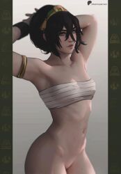armpits avatar_legends avatar_the_last_airbender bangs big_butt blind bottomless bottomless_female buff buff_female curvy dark_hair female female_only front_view fully_clothed hair_bun hips meemo.psd muscular muscular_female pale-skinned_female pale_skin small_breasts strong strong_female tiny_breasts toph_bei_fong undress_character undressing
