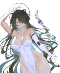 1girl 1girls animal_ears arm_up black_hair blue_eyes blue_hair bow breasts breedable_hips cleavage colored_inner_hair curvy dress erina_makina female hair_over_one_eye highres hips long_hair mechanical_arms multicolored_hair pelvic_curtain phase_connect s7nsles single_mechanical_arm solo tail tail_bow tail_ornament thighs tiger_ears tiger_girl tiger_tail virtual_youtuber vtuber white_dress wide_hips