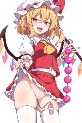 1girl absurdres anal_beads ascot blonde_hair blush breasts censored clothes_lift collared_shirt commentary_request crystal crystal_wings flandre_scarlet frilled_shirt_collar frills hat hat_ribbon highres holding holding_sex_toy korra_down lifting_own_clothes looking_at_viewer mob_cap mosaic_censoring multicolored_wings no_panties one_side_up open_mouth pointy_ears pussy pussy_juice red_eyes red_skirt red_vest ribbon sex_toy shirt simple_background skindentation skirt skirt_lift skirt_set small_breasts smile solo thighhighs tongue tongue_out touhou vest vibrator vibrator_in_thighhighs white_background white_hat white_shirt white_thighhighs wings yellow_ascot