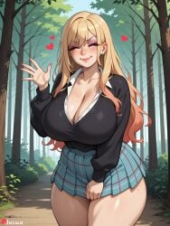 1girl ai_generated artist_name black_sweater blonde_hair blue_skirt blush boobs breasts cleavage closed_eyes closed_mouth collarbone collared_shirt curvy day earrings forest freckles gradient_hair gyaru heart huge_ass huge_breasts jewelry juswa kitagawa_marin kogal large_ass large_breasts long_hair long_sleeves makeup miniskirt multicolored_hair nature outdoors patreon_username plaid plaid_skirt pleated_skirt school_uniform sensitive shirt skirt smile solo sweater thicc thick_thighs thighs tree white_shirt wide_hips