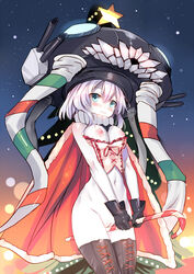 abyssal_ship aqua_eyes black_gloves blush breasts candy_cane cape clare_(543) female gloves kantai_collection looking_at_viewer masturbation monster navel nipples pale_skin pussy shinkaisei-kan short_hair solo standing star thighhighs uncensored white_hair wo-class_aircraft_carrier