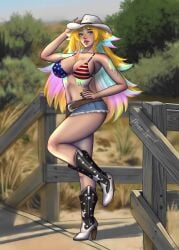 1girl 1girls absurdres ahoge american_flag american_flag_bikini american_flag_print arielle_(vtuber) big_breasts bikini blonde_hair blue_eyes boots breasts cowboy_hat female fence flag_print flag_print_bikini hair_between_eyes hat highres indie_virtual_youtuber large_breasts liquid_hair long_hair looking_at_viewer miss_lepard multicolored_hair print_bikini rainbow_hair shorts solo swimsuit thighs tits virtual_youtuber vtuber wooden_fence