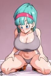 1female 1girl 1girls 2026 ai_generated aqua_hair artist_name big_ass big_breasts blue_eyes blue_hair blush breasts bulma bulma_briefs bulma_briefs_(frieza_saga) cleavage crop_top curvy dragon_ball dragon_ball_z earrings full_body grey_bra grey_panties hairband hi_res high_quality high_resolution highres huge_ass huge_breasts jewelry kneeling large_breasts looking_at_viewer midriff navel panties patreon patreon_username pink_hairband shoes short_hair sneakers solo sports_bra squatting tank_top thighs underwear unjobdespiert watermark web_address