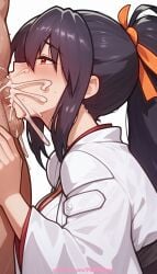 1boy 1girl 2026 ai_generated akeno_himejima artist_name blowjob blowjob_face blush cock cum cum_in_mouth dick facial fellatio hetero hi_res high_quality high_school_dxd highres japanese_clothes licking long_hair miko oral oral_sex patreon patreon_username penis pinkname ponytail solo_focus sucking testicles uncensored watermark