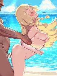 1girl animated animated_gif ass bar_censor beach blonde_hair blue_sky blush boris_(noborhys) braid breasts censored closed_eyes commentary_request completely_nude dark-skinned_male dark_skin day grabbing_another's_arm hetero highres1boy horizon interracial lillie_(pokemon) long_hair medium_breasts nintendo nipples nude ocean open_mouth outdoors penis pokemon pokemon_sun_and_moon sex sex_from_behind side_braids sky standing standing_sex sweat very_long_hair water