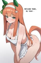 1girls apron blush dush_1154 female green_eyes hairband hairclip horse_ears horse_girl horse_tail light-skinned_female light_skin long_hair looking_at_viewer naked_apron nude nude_female orange_hair partially_clothed silence_suzuka_(umamusume) solo solo_female sweat tail umamusume