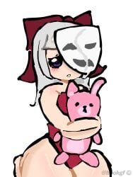 color gangle_(the_amazing_digital_circus) gijinka holding_object light-skinned_female light_skin ribbon sitting the_amazing_digital_circus white_hair