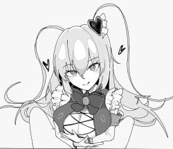 1boy 1girls blush blushing_at_viewer bow bow_ribbon bowtie breasts don_quixote_(limbus_company) hair_ornament heart in_the_name_of_love_and_hate_(e.g.o) large_breasts limbus_company long_hair long_sleeves looking_at_viewer magical_girl paizuri project_moon white_background