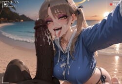 1boy 1girl after_fellatio ai_generated beach bikini bikini_bottom_only blue_archive blue_hoodie blush breasts brown_hair covered_nipples cropped_hoodie cum cum_in_mouth cum_on_body cum_on_breasts cum_on_tongue dark-skinned_male dark_skin erection facial halo hetero hood hoodie huge_penis interracial large_breasts large_penis long_hair long_sleeves looking_at_viewer moe_(blue_archive) moe_(swimsuit)_(blue_archive) official_alternate_costume open_mouth outdoors penis sand selfie side-tie_bikini_bottom smile solo_focus sunset swimsuit tongue tongue_out twintails uncensored vantawaifu veins veiny_penis viewfinder yellow_eyes yellow_halo