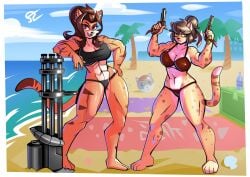 2girls alvh_omega anthro beach beach_background beach_ball beach_towel bikini brown_hair color comission feline feline_humanoid female_only gun hi_res long_tail looking_at_viewer machine_gun mischievous_smile muscles muscular_female original_characters serious_look sexy_body striped_body thick_thighs wide_hips
