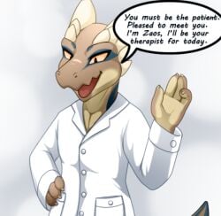 anthro blue_body brown_body claws clothed clothing colored comic darkmirage dialogue digital_media_(artwork) doctor dragon edit edited edited_art edited_image english_text fyoshi greeting hi_res introduction male mythological_creature mythological_scalie mythology red_tongue redoxx scalie simple_background smile tan_body tan_horn text white_lab_coat white_labcoat yellow_eyes zaos_(anidra)