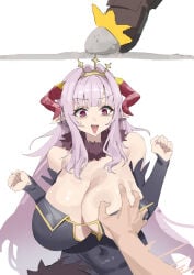 1boy 1girl :d bare_shoulders black_bridal_gauntlets black_dress breasts bridal_gauntlets bright_pupils cleavage cleavage_cutout clenched_hands clothing_cutout commentary_request demon_girl demon_horns dress fur_collar gold_tiara gold_trim grabbing_another's_breast groping hair_intakes hands_up highres horns huge_breasts kanan-sama_wa_akumade_choroi kyougi_youji lillum lillum_(kanan-sama) long_hair looking_down messy_hair mutsuru_(omotta_yori) nervous_smile open_mouth plump pointy_ears purple_hair red_horns short_hair sidelocks simple_background skindentation smile surprised sweatdrop tight_clothes tight_dress v-shaped_eyebrows