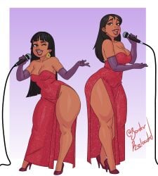 2d 2girls bare_shoulders borderreloaded busty chel cleavage crossover disney dreamworks dress female female_focus female_only high_heels hourglass_figure jessica_rabbit_(cosplay) lilo_and_stitch microphone nani_pelekai red_hair singing tagme the_road_to_el_dorado who_framed_roger_rabbit wide_hips