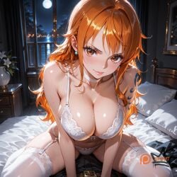 ai_generated bed bedroom breasts cleavage huge_breasts large_breasts lingerie long_hair nami_(one_piece) nipples one_piece orange_hair watermark zbaiart