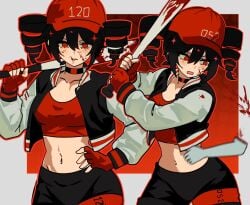 1girl 1other aki_achimara_xd belly belly_chain black_hair black_jacket black_leggings blood blood_on_clothes blood_on_face breasts clenched_teeth commentary drill_hair full_body hand_on_own_hip jacket jewelry kasane_teto leggings letterman_jacket medium_breasts red_shirt severed_head shirt shoes sneakers solo synthesizer_v teeth torso_grab twin_drills utau white_sleeves yararara_(synthesizer_v)