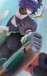 1girl 2days_wotori ass ass_focus bangboo_(zenless_zone_zero) belle_(brilliance_of_stars)_(zenless_zone_zero) belle_(zenless_zone_zero) black_hat black_shorts black_sweater blue_hair crossed_bangs eous_(zenless_zone_zero) from_below green_eyes grey_skirt hair_between_eyes hat highres looking_at_viewer looking_down necktie official_alternate_costume outdoors short_hair shorts sitting skirt smile solo sweater yellow_necktie zenless_zone_zero