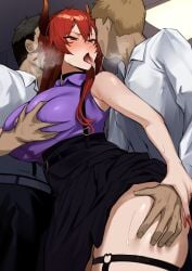 1girl 2boys absurdres black_choker black_skirt breasts choker collared_shirt commentary_request curvy deep_skin dola_(7th_costume)_(nijisanji) dola_(nijisanji) double-parted_bangs dragon_horns faceless faceless_male grabbing_another's_ass grabbing_another's_breast groping heart heart_o-ring heavy_breathing hetero high-waist_skirt highres horns hoshara huge_breasts impossible_clothes impossible_shirt long_hair multiple_boys netorare nijisanji o-ring o-ring_thigh_strap office_lady official_alternate_costume orange_horns paid_reward_available purple_shirt red_eyes red_hair saliva saliva_trail shirt skindentation skirt sleeveless sleeveless_shirt suspender_skirt suspenders sweat thick_thighs thigh_strap thighs tongue tongue_out underbust very_sweaty virtual_youtuber