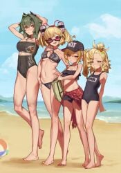beach bikini breasts burnice_white caesar_king long_hair luciana_de_montefio medium_hair multiple_girls one-piece_swimsuit piper_wheel school_swimsuit sons_of_calydon zenless_zone_zero