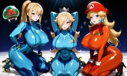 ai_generated bangs bangs_over_one_eye big_breasts blonde_hair blush bodysuit crown earrings hands_behind_head hands_on_thighs hat high_heels huge_breasts huge_tits ink_model kneeling latex long_hair mario_(series) mario_cap metroid metroid_(creature) nintendo nipple_bulge ponytail princess_peach request rosalina rosalina_(mario) samus_aran skinsuit super_mario_bros. zero_suit zero_suit_samus
