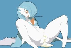 1girl artist_name ausshawott blue_background blue_hair blue_skin bob_cut colored_skin cum cumdrip gardevoir hair_over_one_eye highres multicolored_skin open_mouth orange_eyes pokemon pokemon_(creature) pokephilia pussy simple_background sitting two-tone_skin white_skin